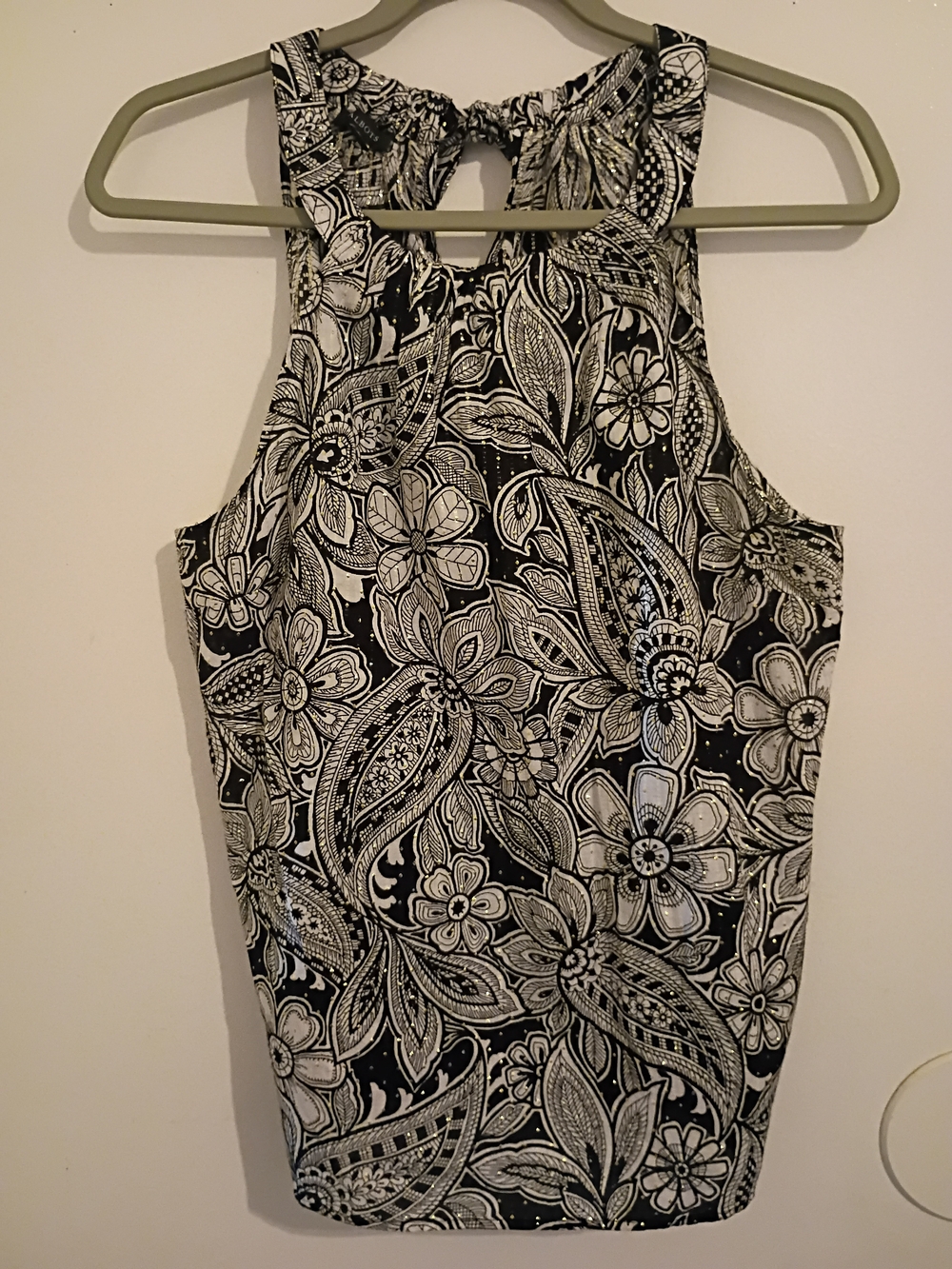 Talbots Black and White Floral‎ Paisley Metallic Top Sz L